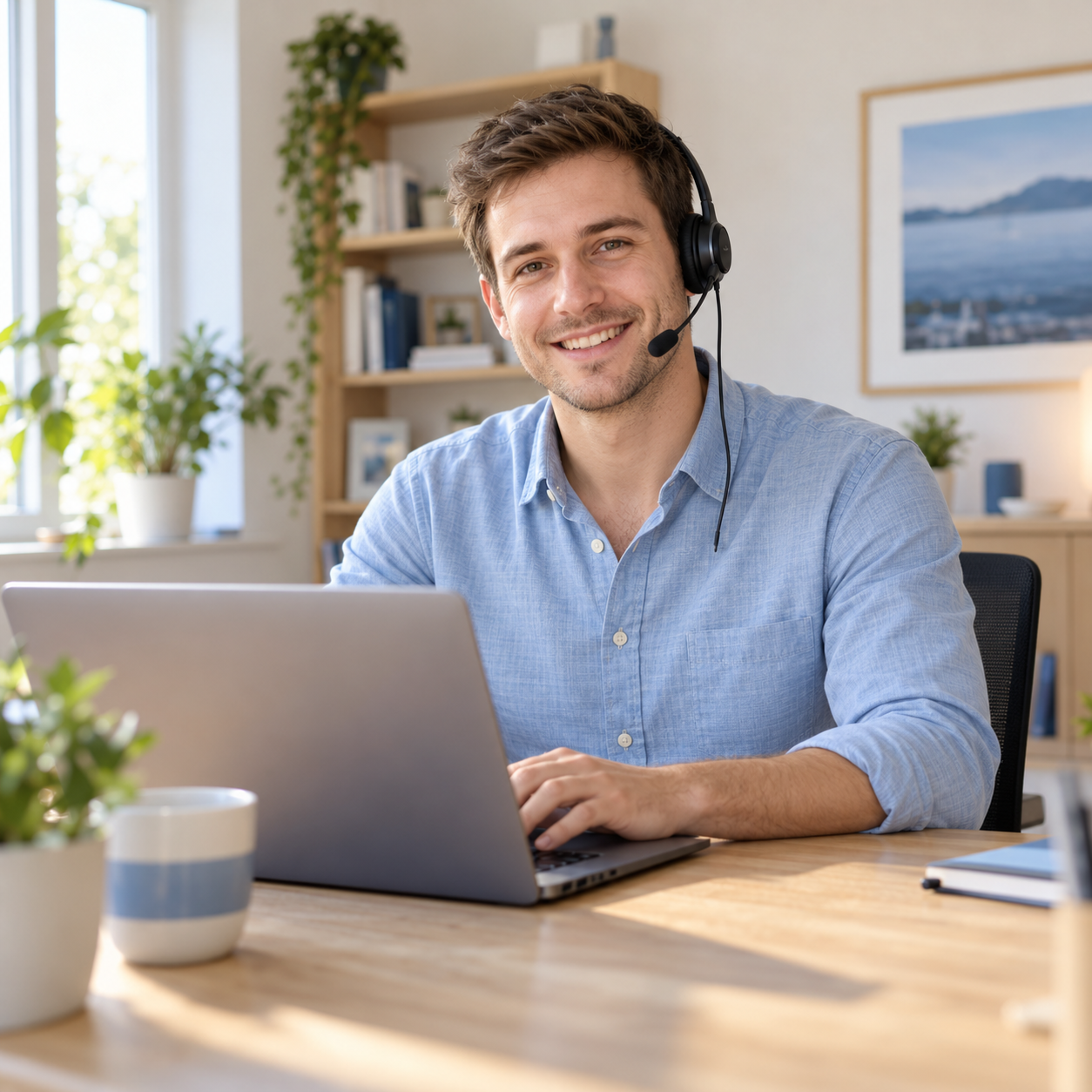 Illustratives KI-Bild: Ein junger, freundlicher Supporter mit Headset am Laptop